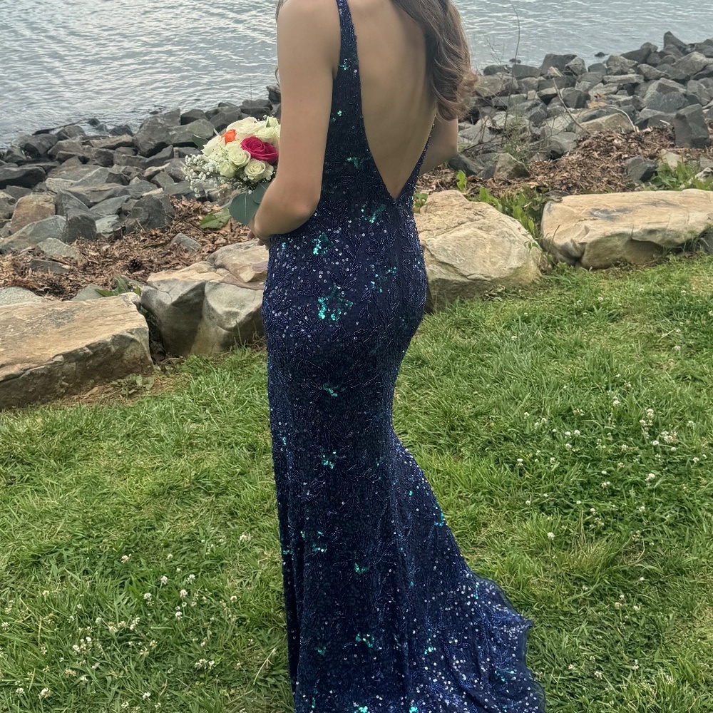 Primavera Sequin Prom Dress, Navy and Aqua Sequins